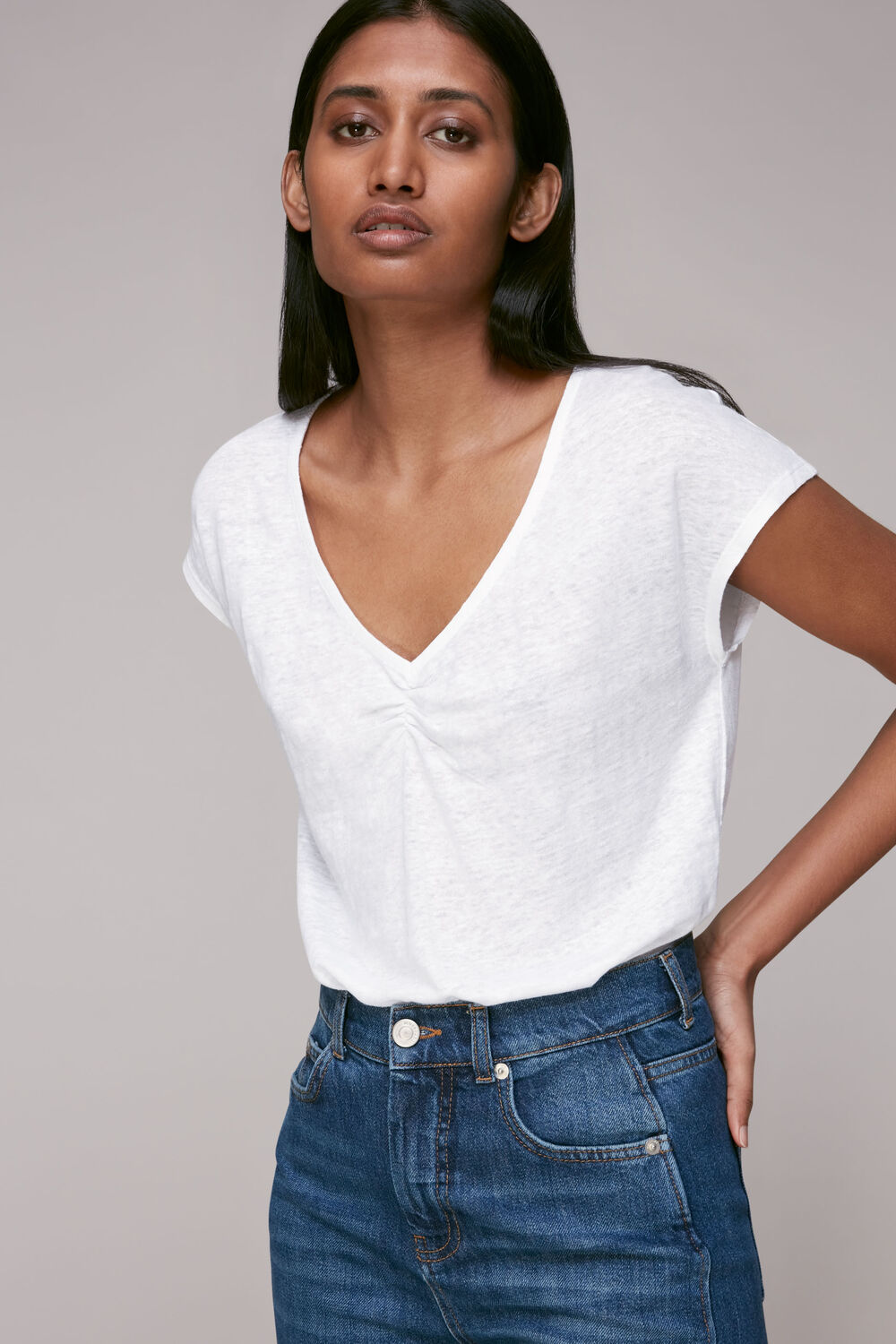 Ruched V-Neck Linen T-Shirt
