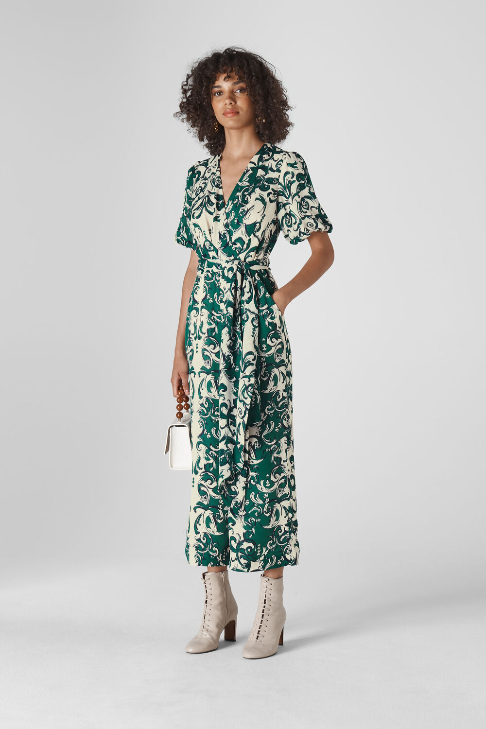 Baroque Print Silk Jumpsuit Green/Multi