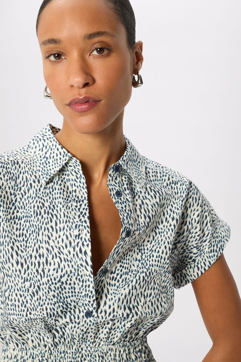 Navy Petite Flecked Animal Collared Dress