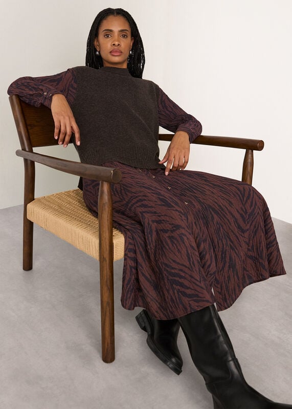 Brown Zebra Collared Shirt Dress