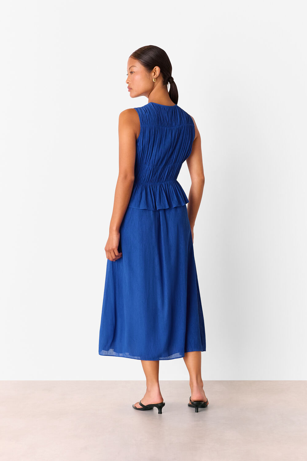 Cobalt Blue Petite Shirred V Neck Midi Dress