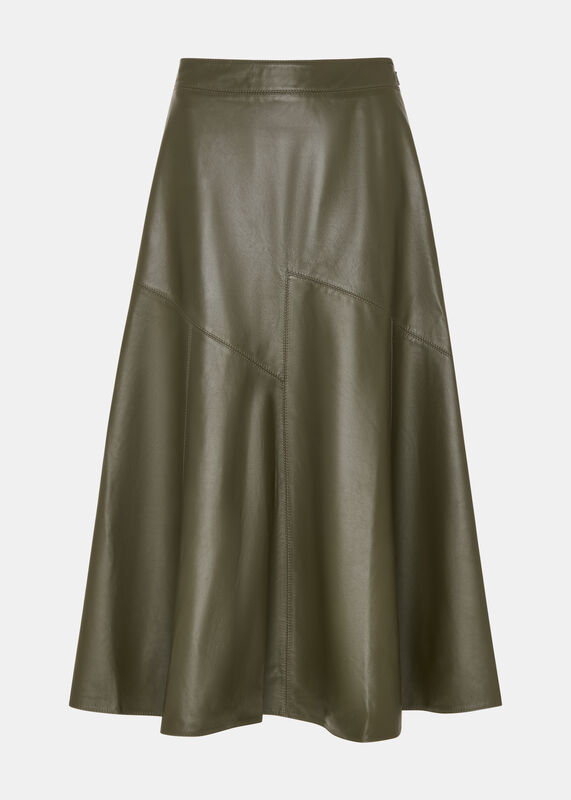 Khaki Zig Zag Panel Leather Skirt