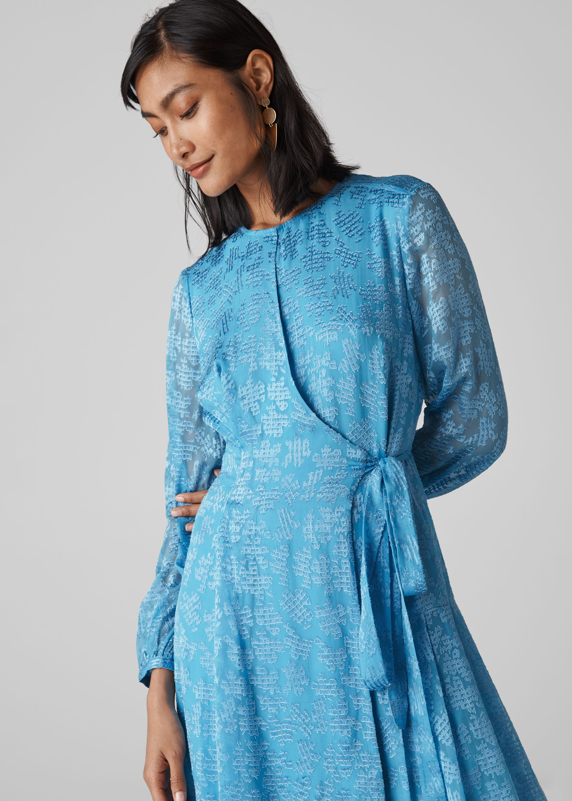 Pale Blue Devore Tie Waist Dress