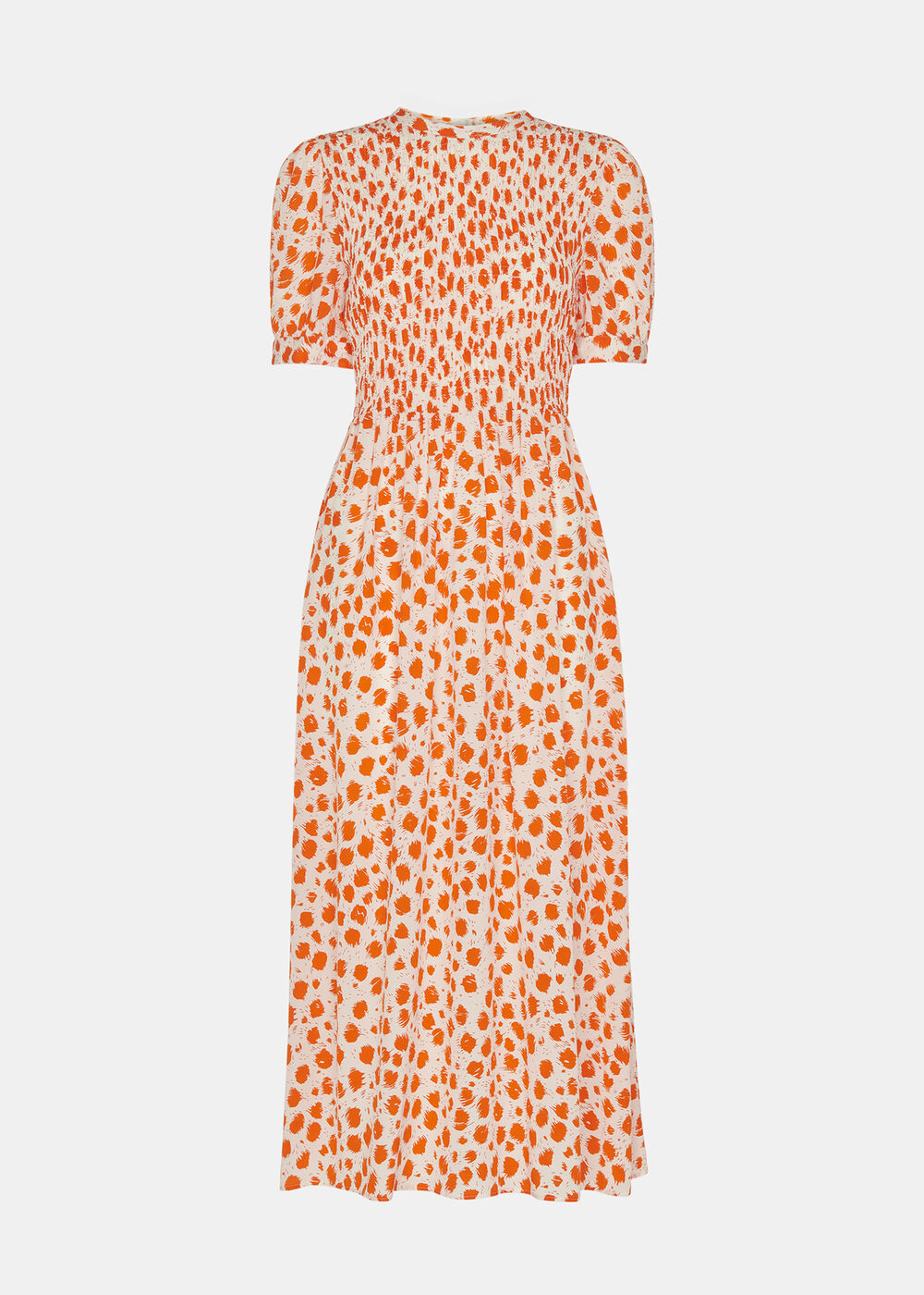 Orange/Multi Spot Shirred Midi Dress | WHISTLES | Whistles US |