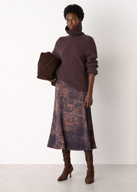 Brown Spotted Animal Midi Skirt