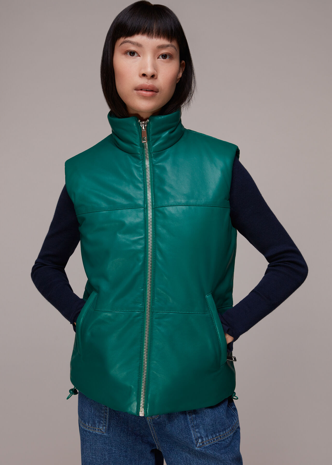 Dark Green Leather Puffer Quilted Gilet, WHISTLES