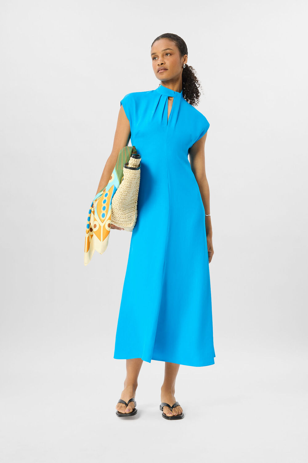 Blue Twist Neck Crepe Midi Dress