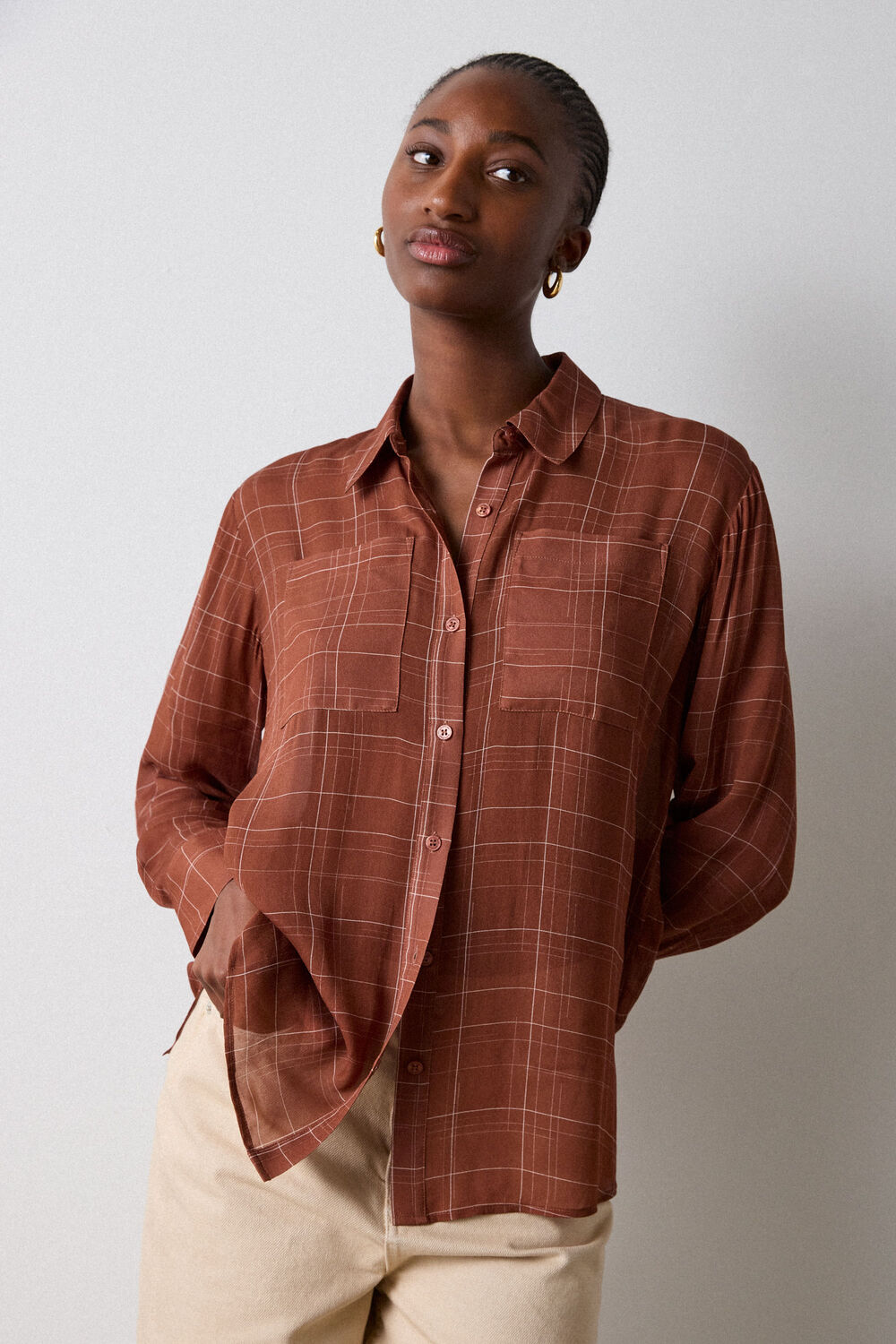 Brown Etched Check Sheer Shirt