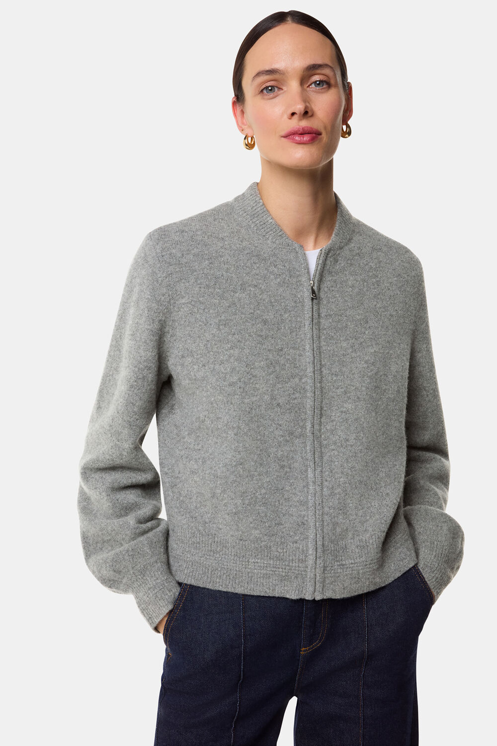 Grey Zip Front Bomber Knit