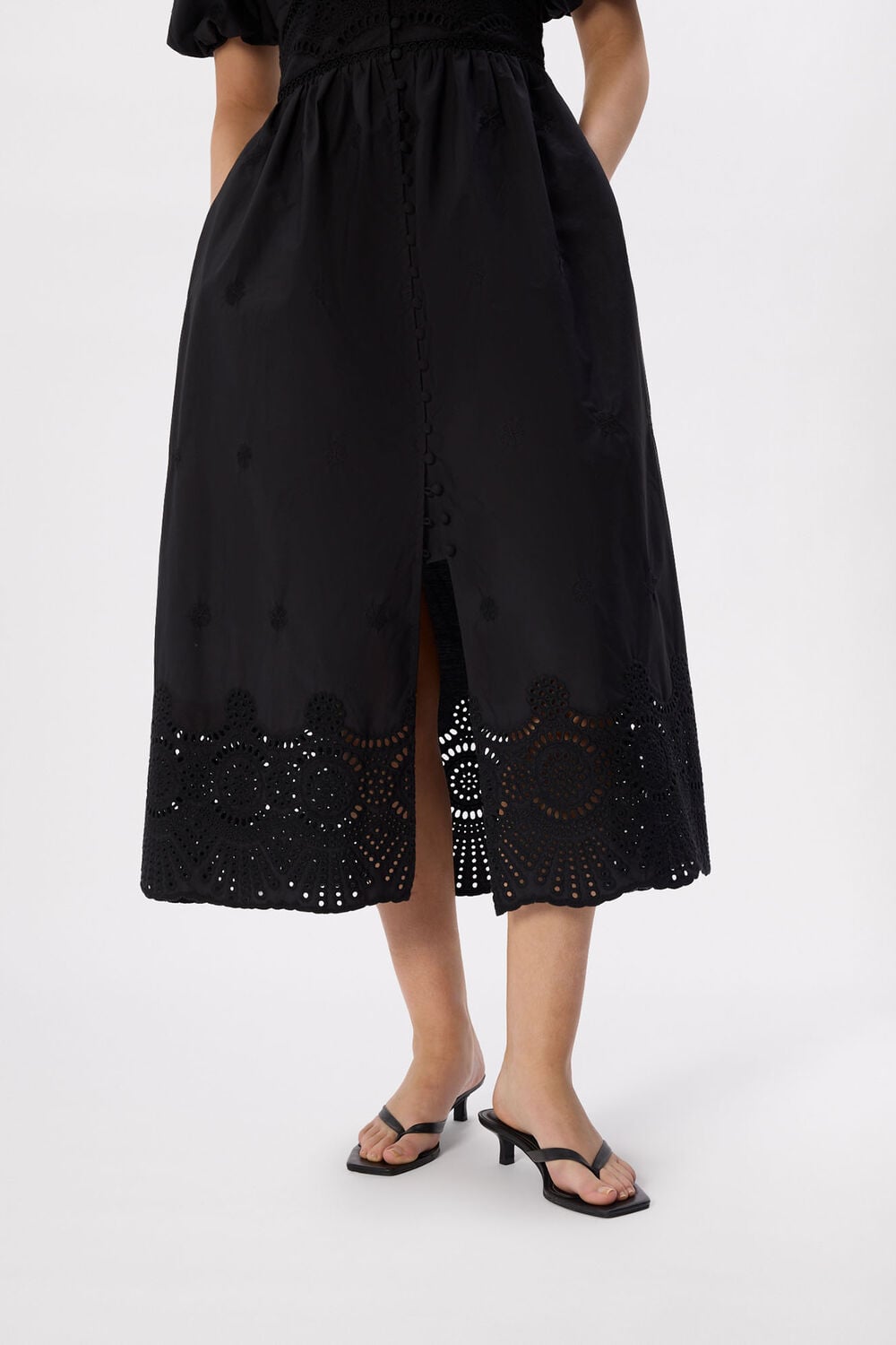 Black Petite Cotton Broderie V Neck Dress