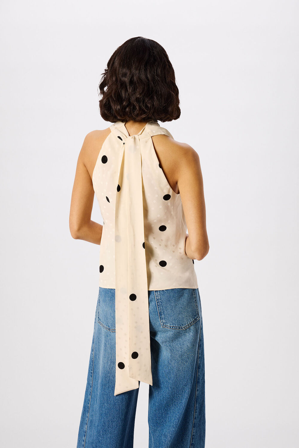 Cream Jacquard Spot Satin Halterneck