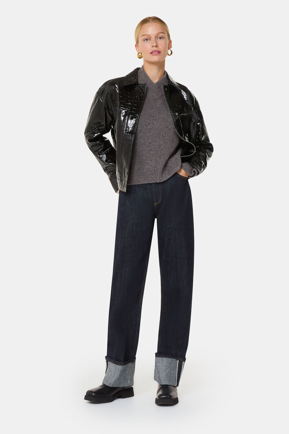 Black Casi Patent Leather Croc Biker