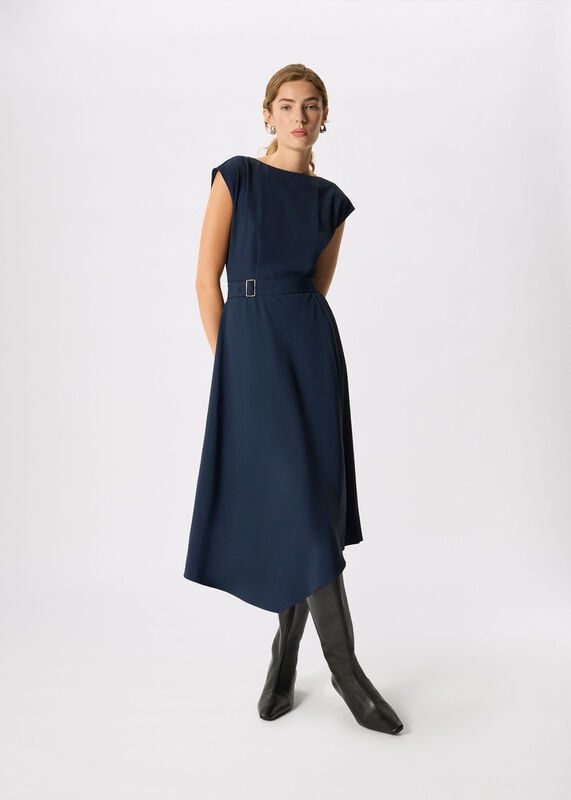 Navy Pleat Detail Asymmetric Dress