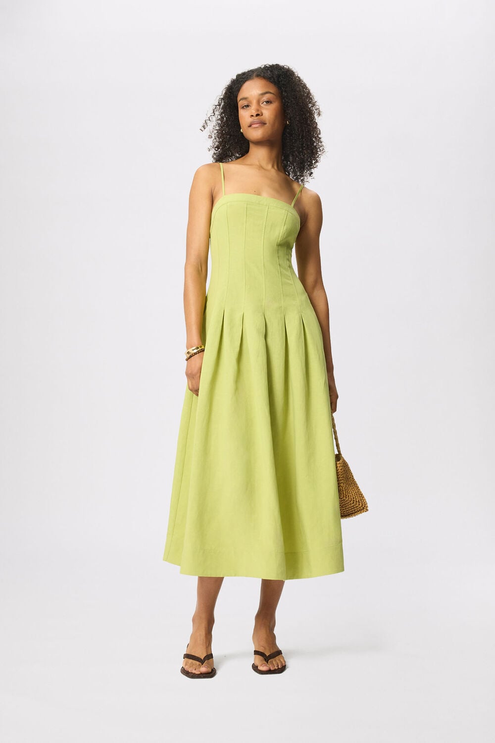 Linen Blend Waisted Midi Dress