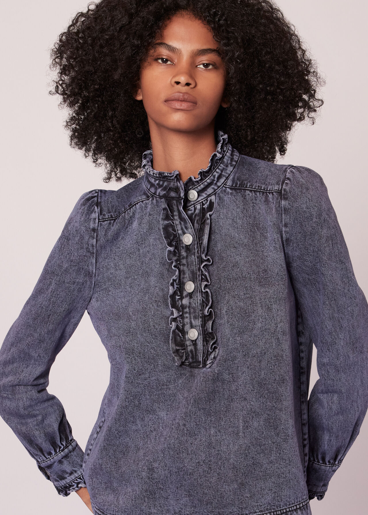 Ruffle Acid Wash Denim Blouse