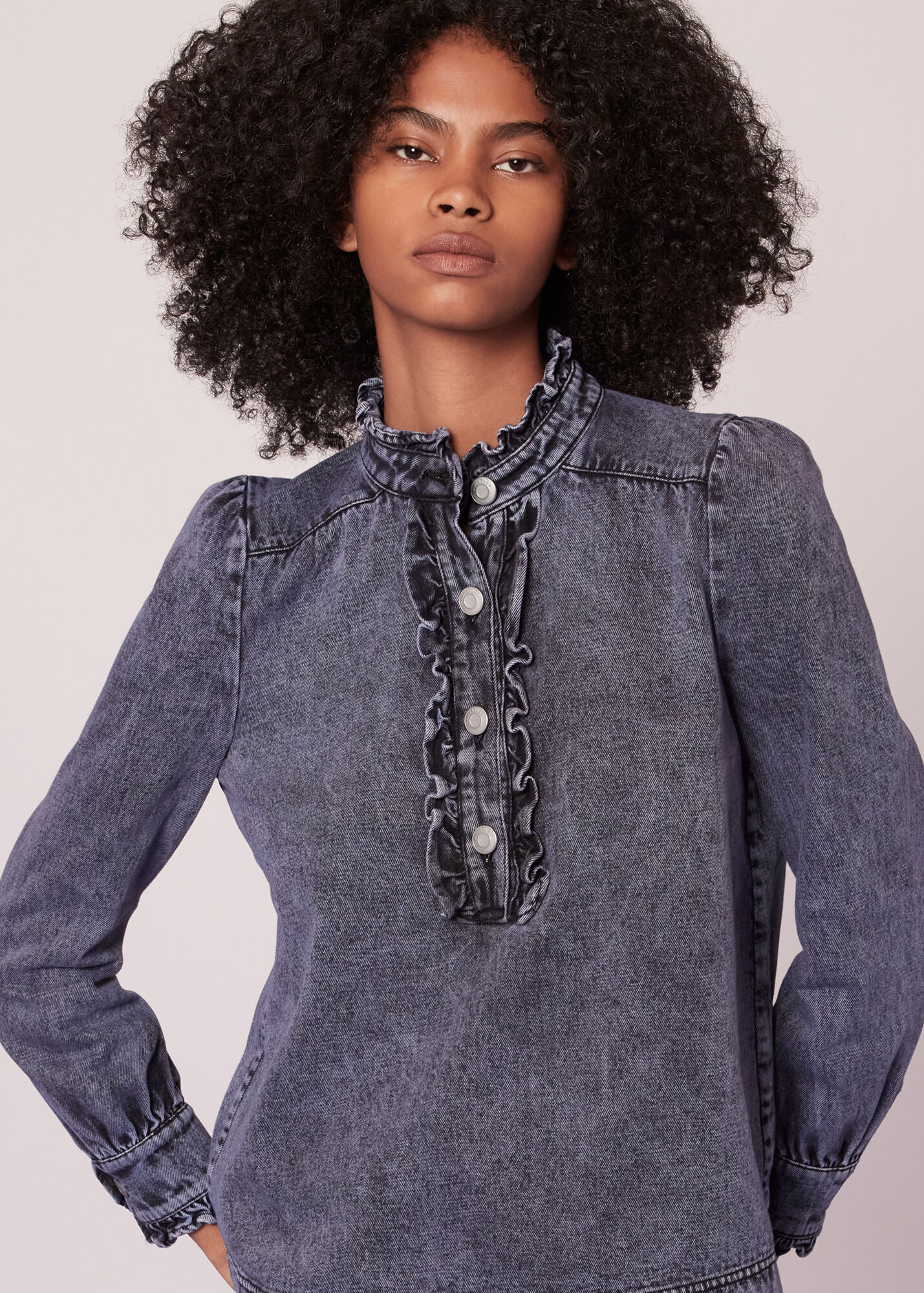 Acid Wash Ruffle Acid Wash Denim Blouse WHISTLES