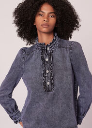 Ruffle Acid Wash Denim Blouse
