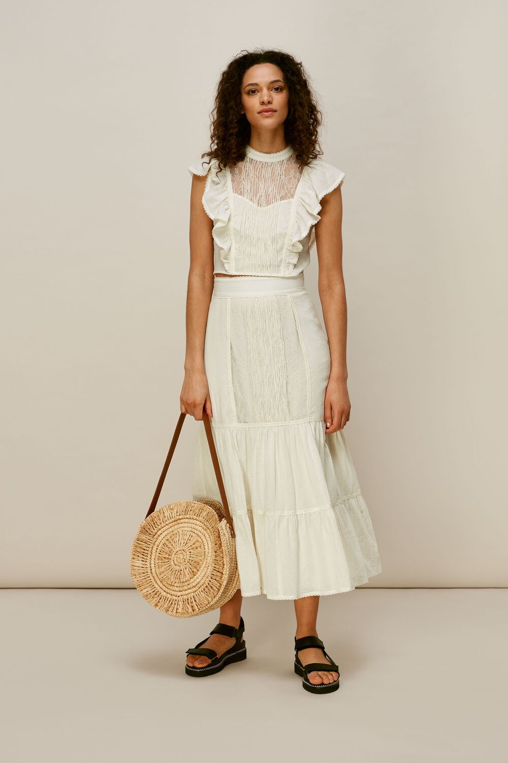 Mixed Lace Frill Skirt Ivory