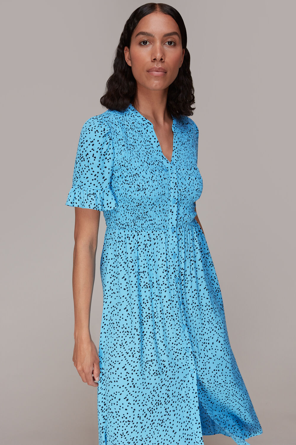 Spotted Dot Shirred Midi Dress
