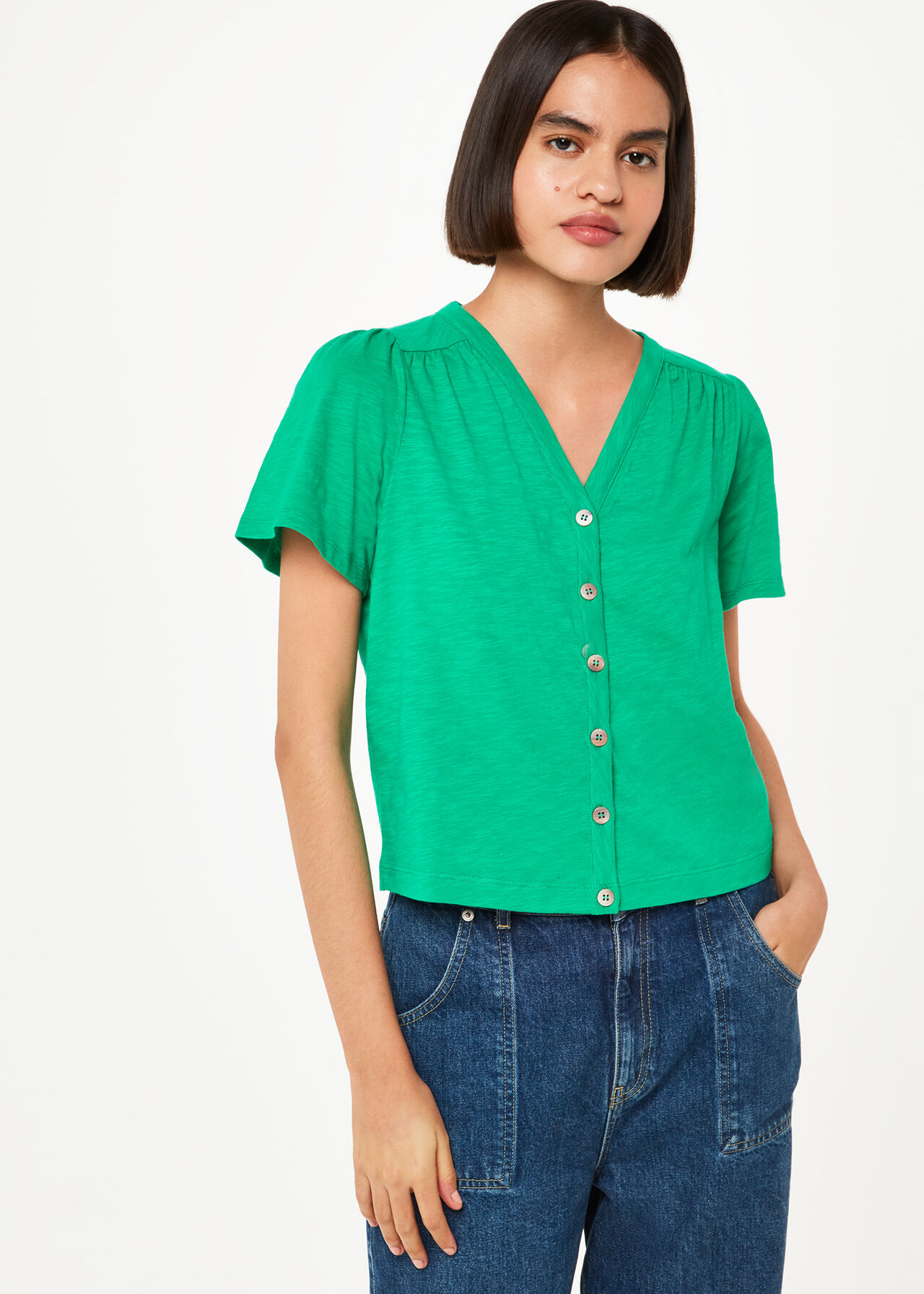 Green Maeve V Neck Button Front Tee | WHISTLES