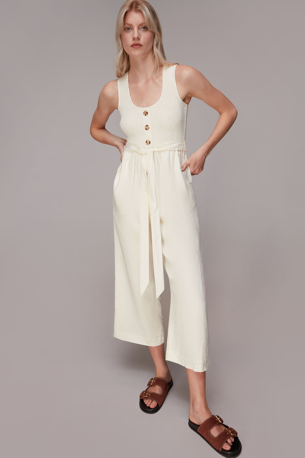 Ivory Shirred Linen Jumpsuit