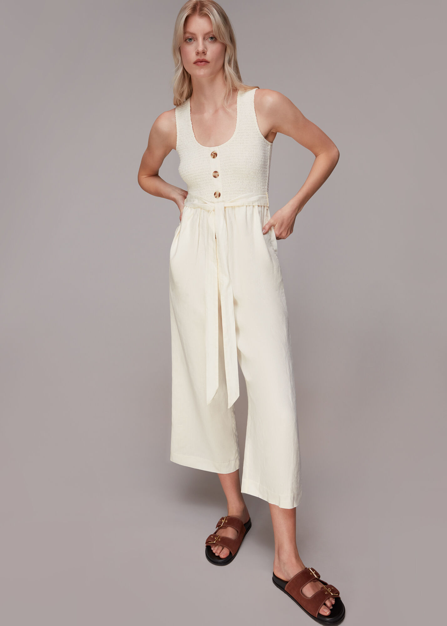 Ivory Shirred Linen Jumpsuit WHISTLES
