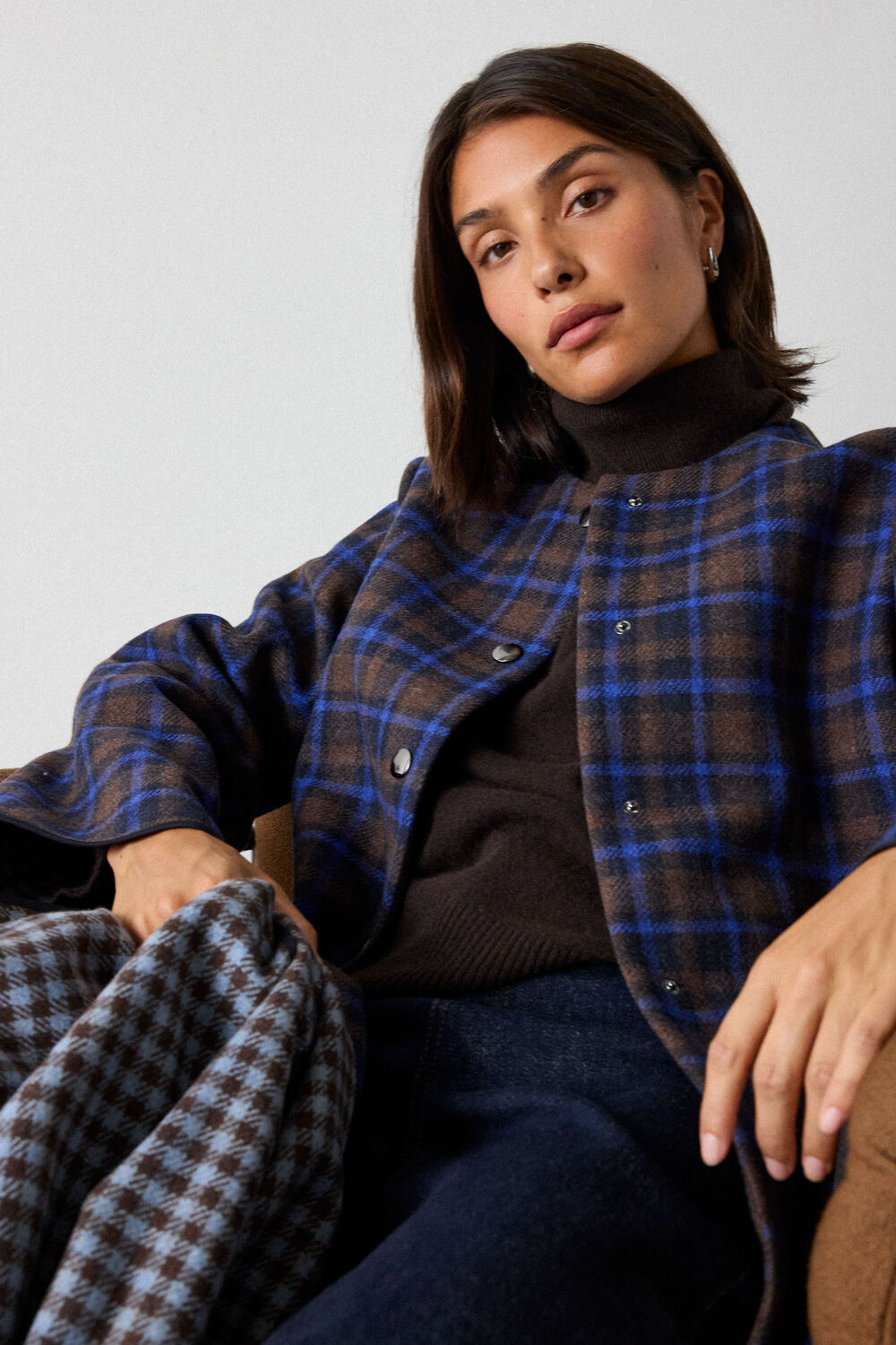 Navy Check Scarf Coat