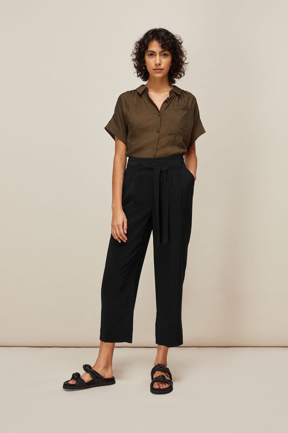 Belted Casual Crop Trouser Black