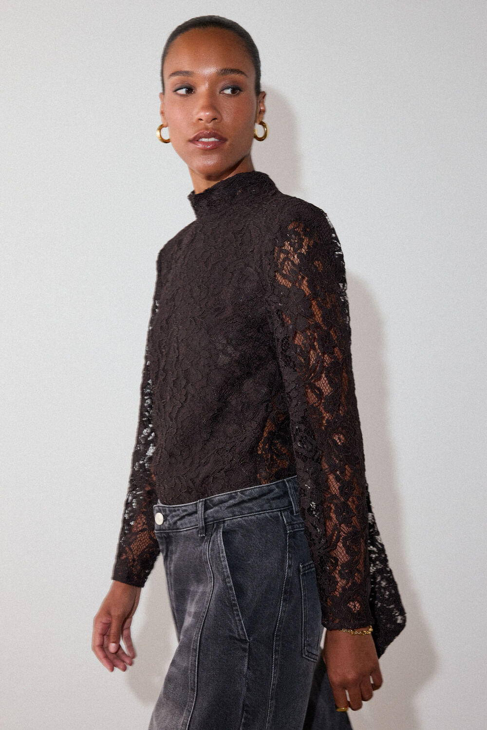 Chocolate Lace Power Shoulder Top