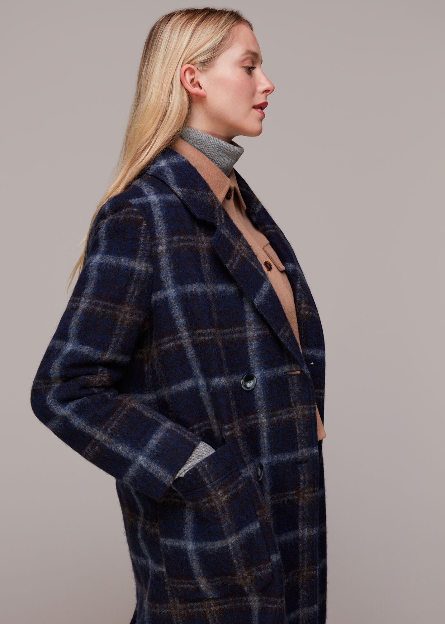 Wool Double Breast Check Coat