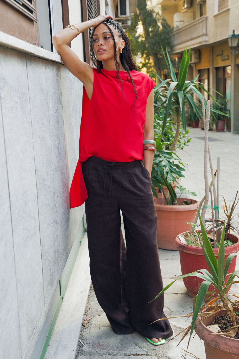 Red Cowl Neck Silk Drape Top