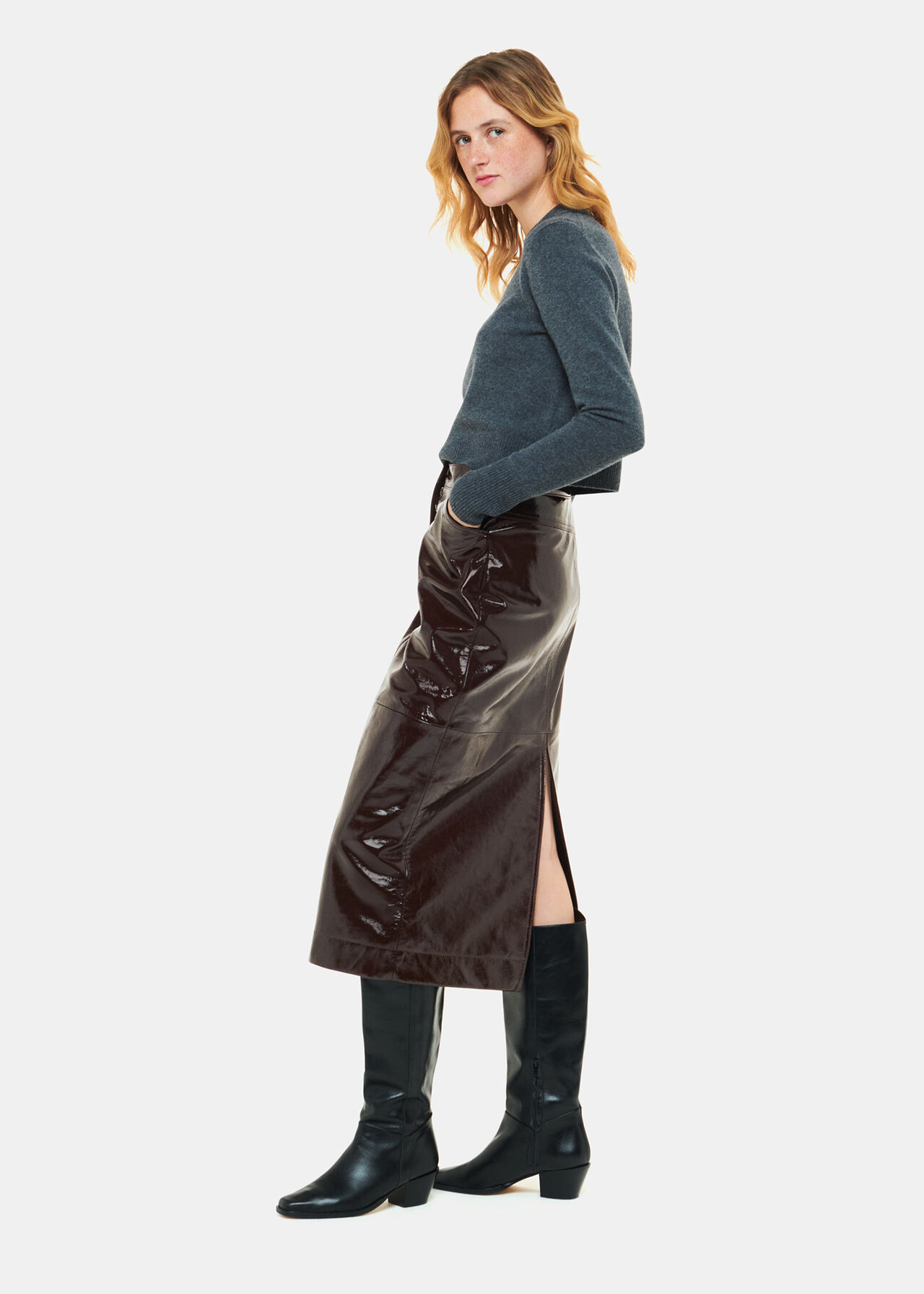 Chocolate Brown Patent Leather Midi Skirt | Whistles UK