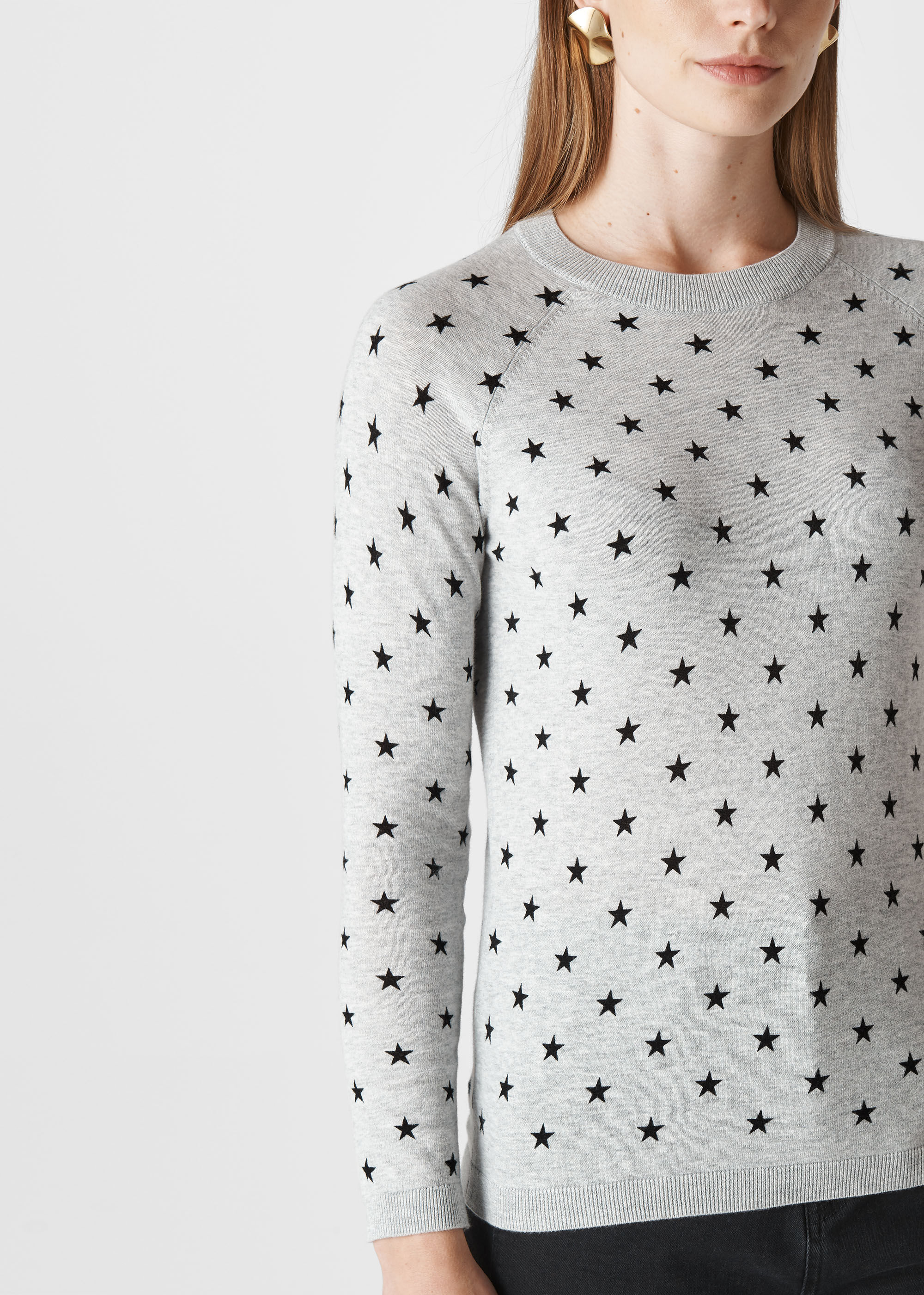Grey Marl Star Print Crew Neck Knit