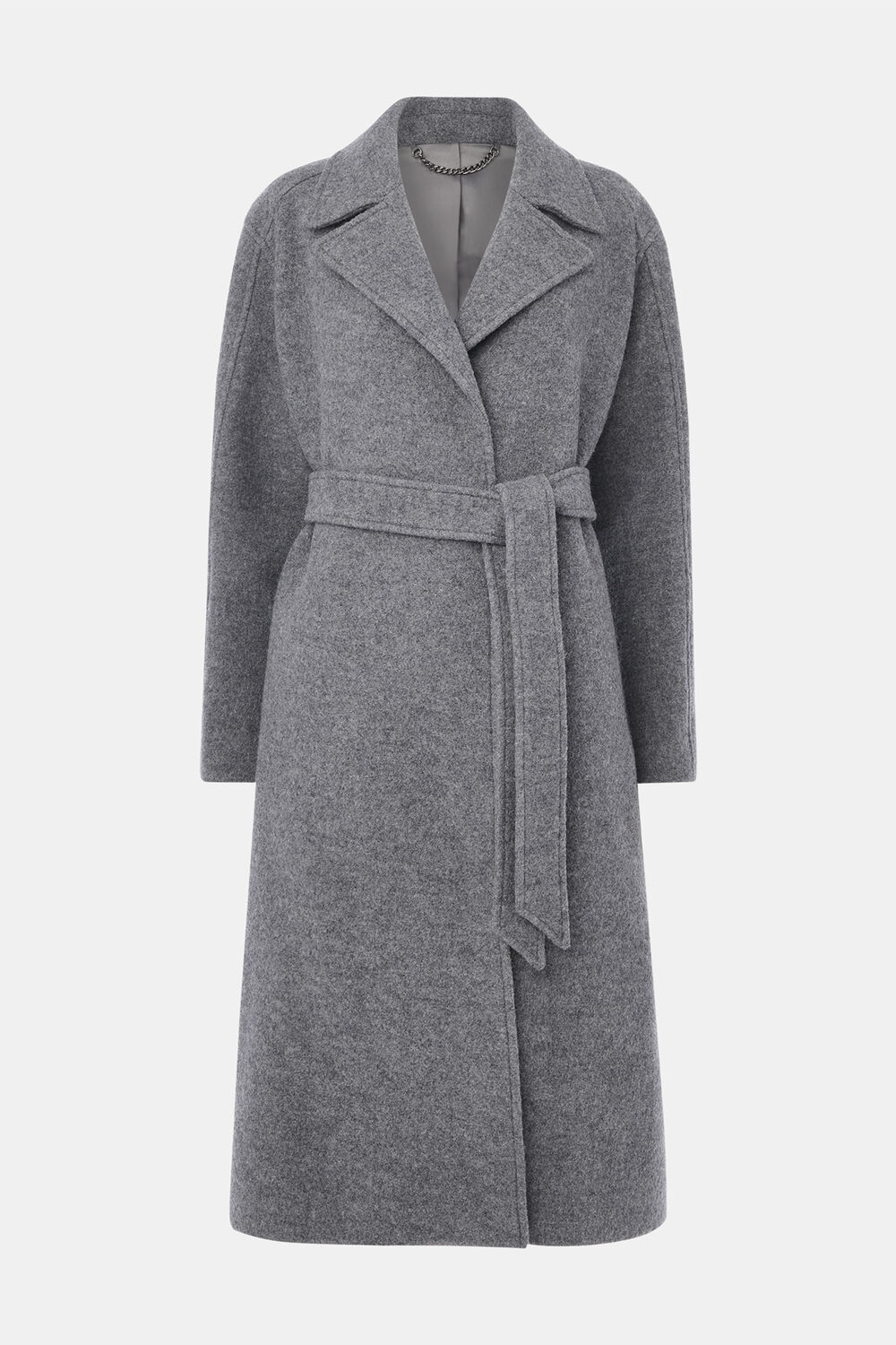 Grey Long Belted Wool Coat