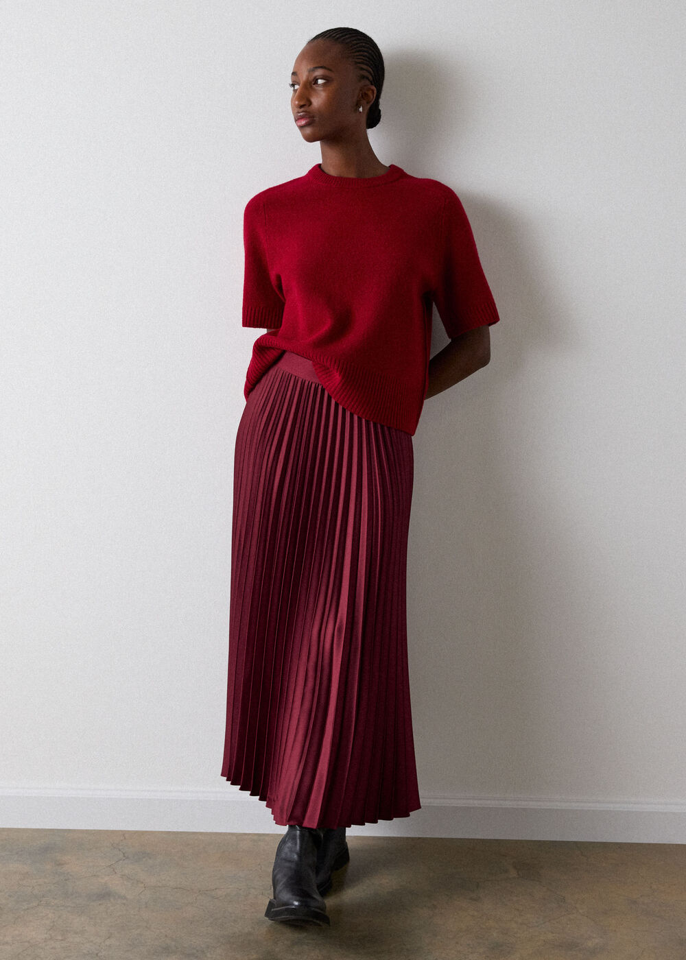 Satin Pleated Midi Skirt
