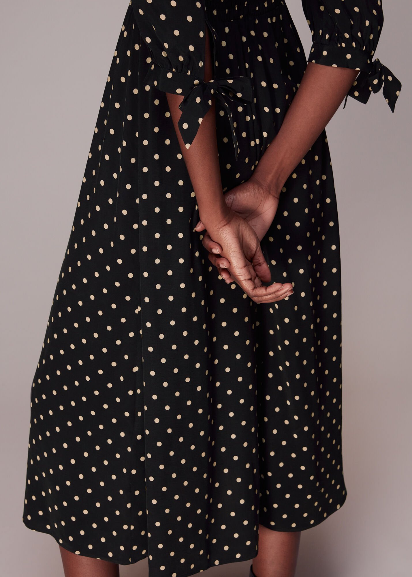 Black Shirred Spot Midi Dress