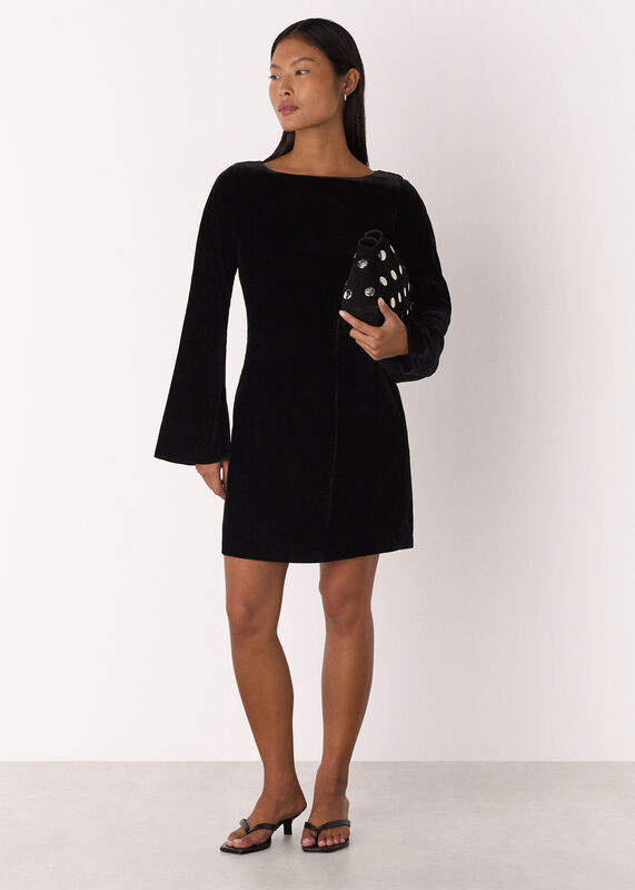 Black Petite Velvet Flare Sleeve Dress
