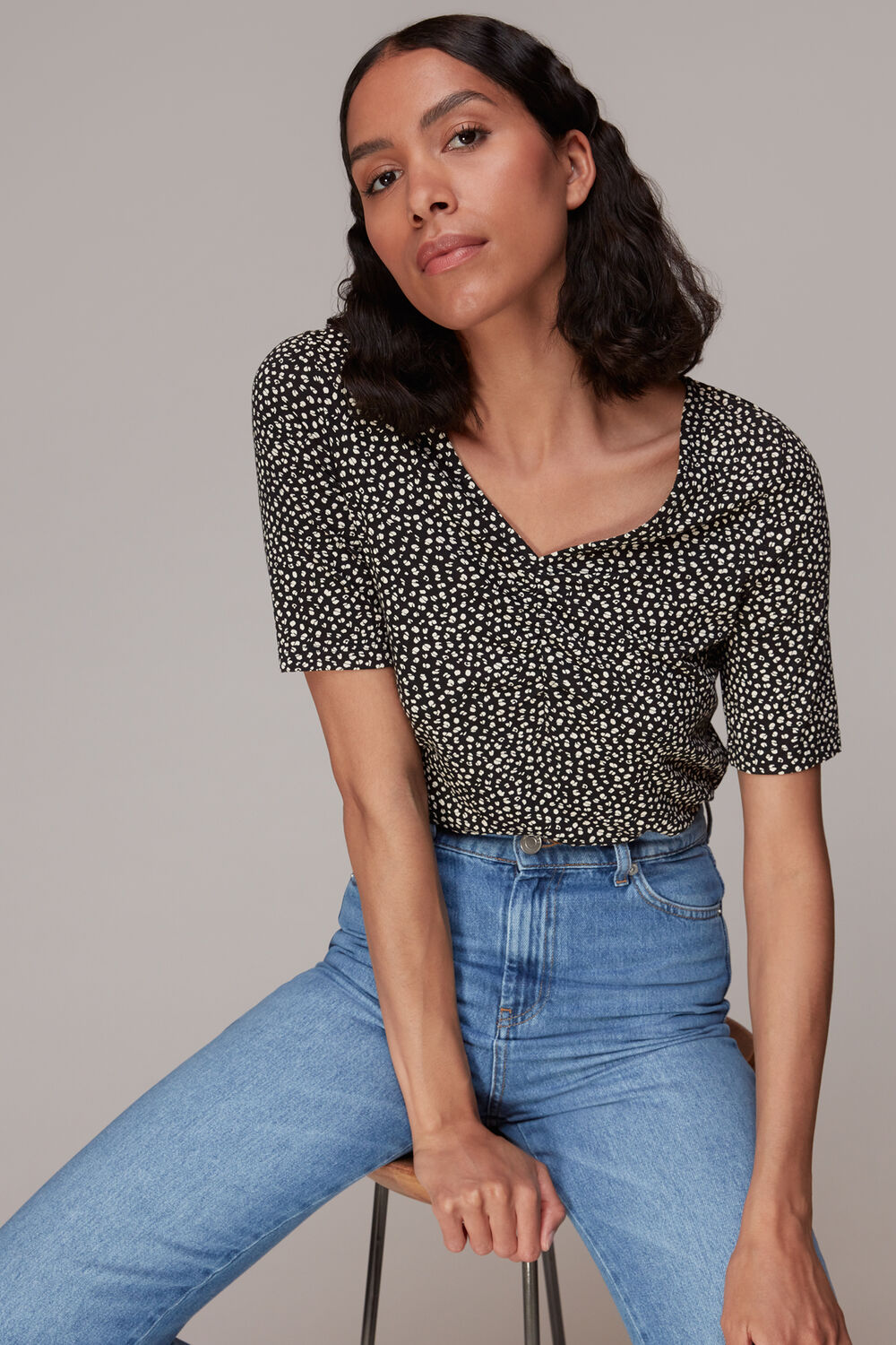 Ink Leopard V Neck Ruched Tee