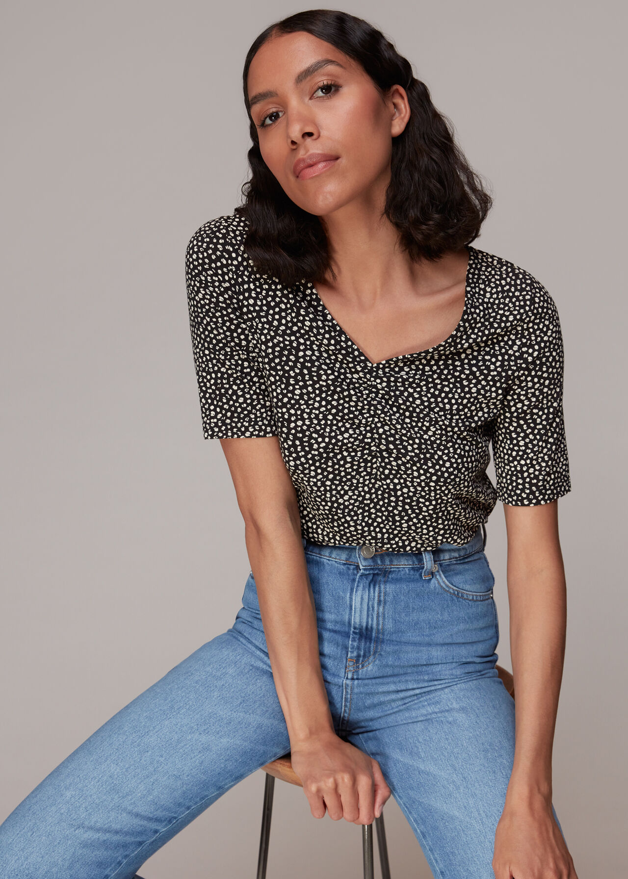 Ink Leopard V Neck Ruched Tee