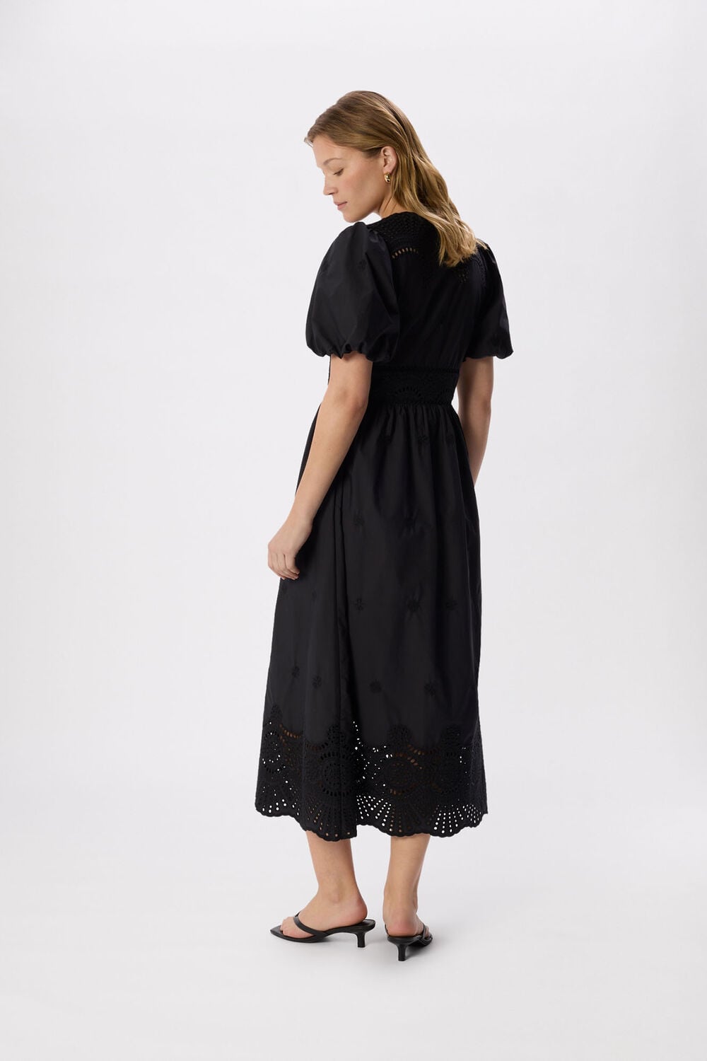 Black Petite Cotton Broderie V Neck Dress