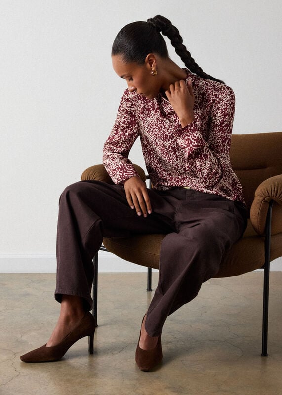 Burgundy Feathered Animal Satin Blouse