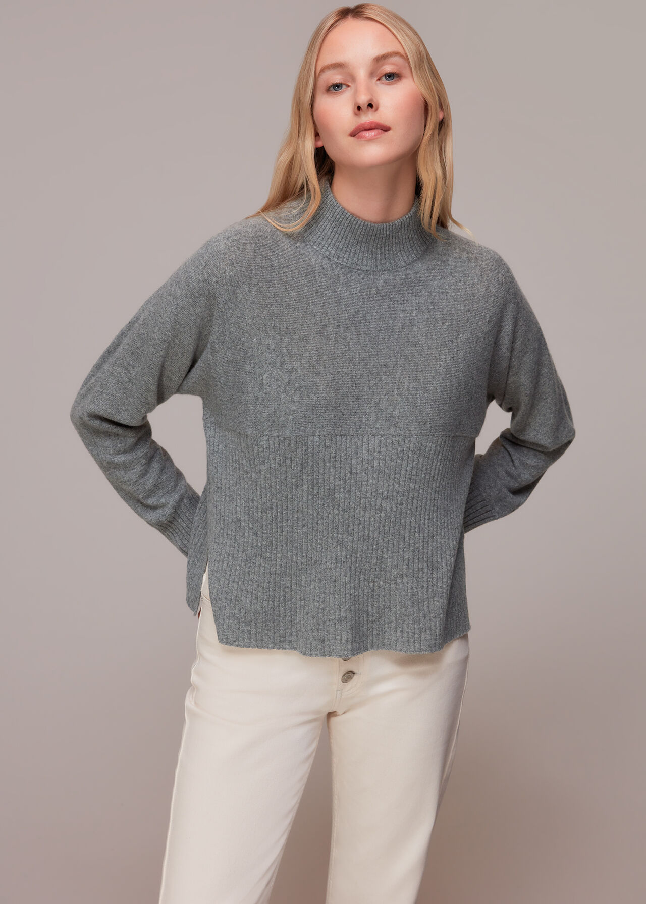 Grey Ribbed Panel Cashmere Sweater, WHISTLES