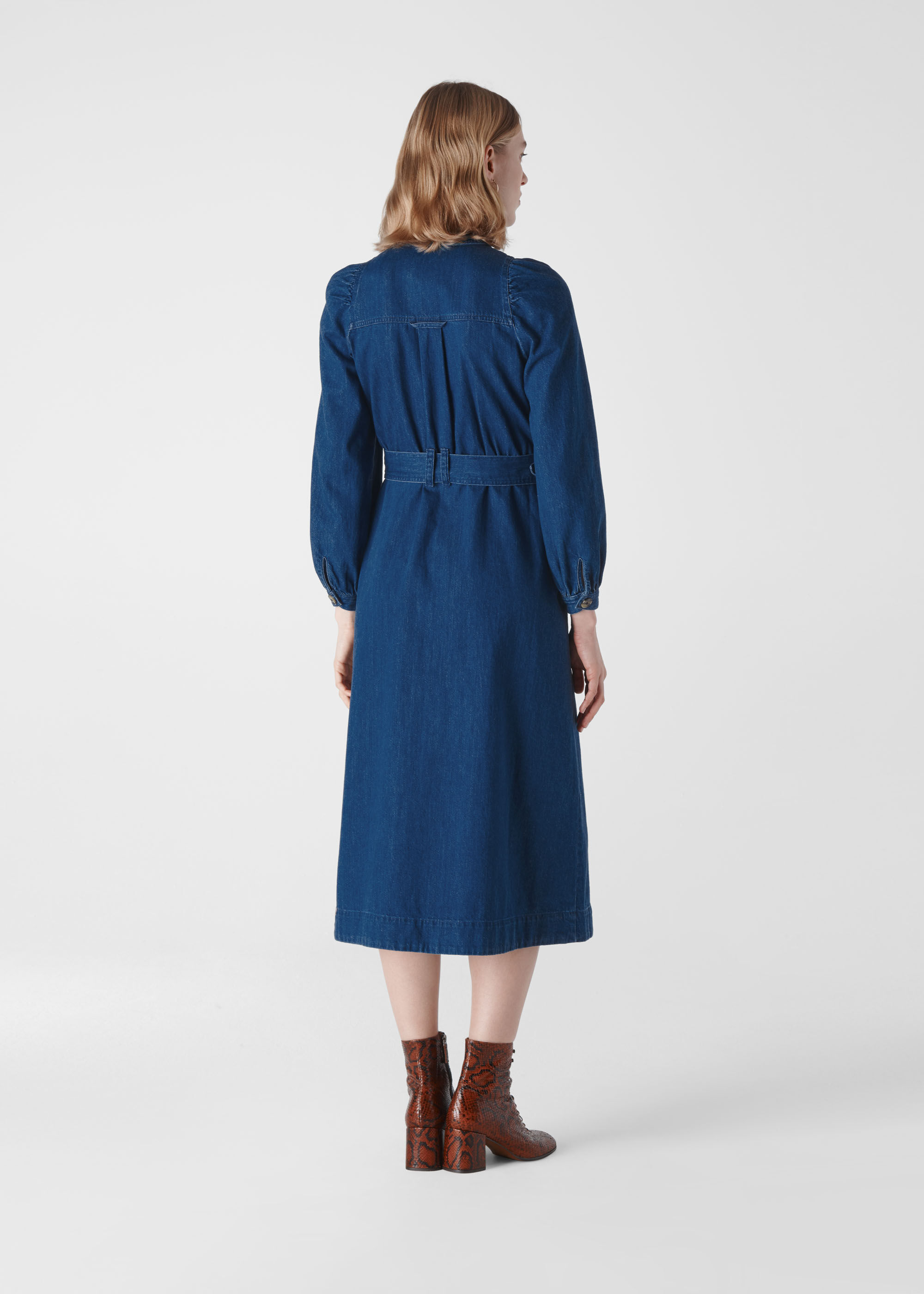 Blue belted sales midi denim dress