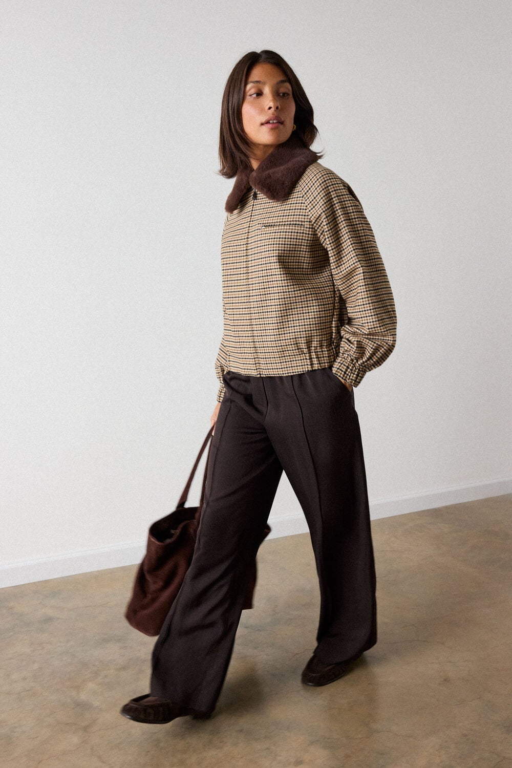 Brown Faux Fur Collar Check Bomber