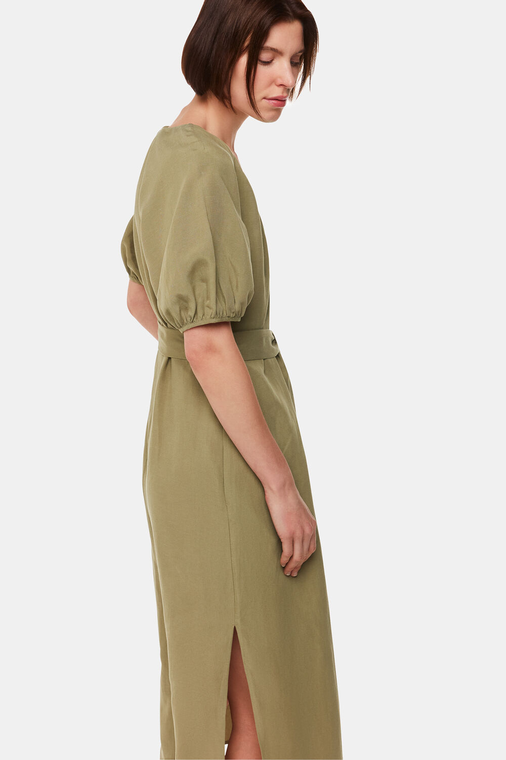 Khaki Ariella Linen Blend Midi Dress