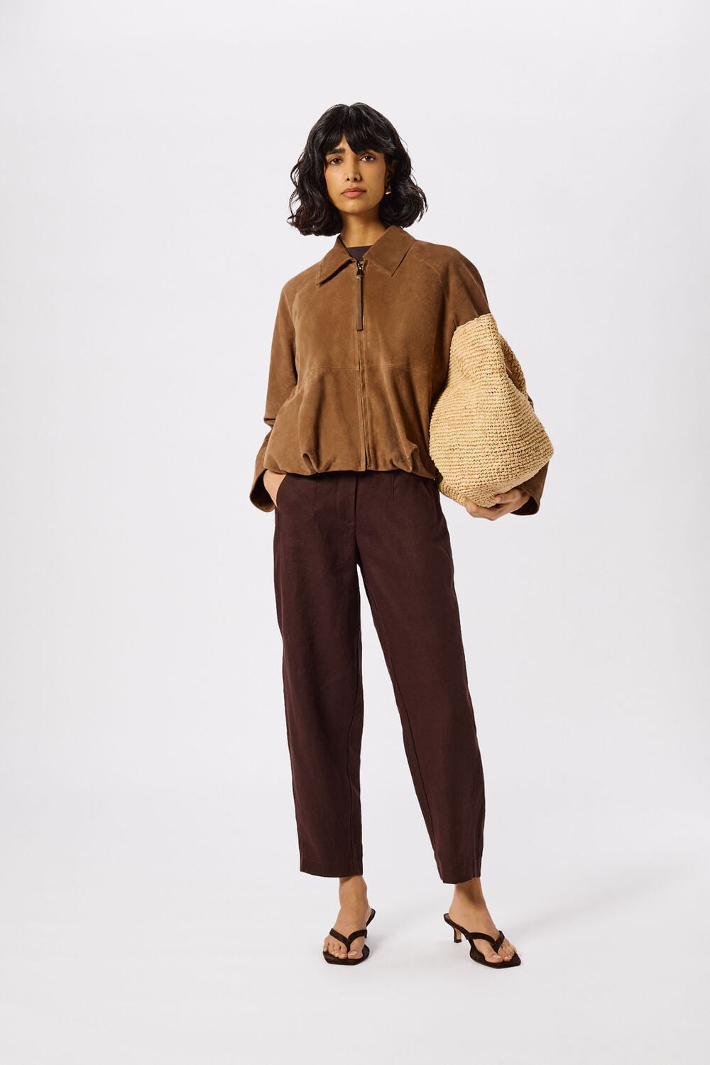 Brown Petite Linen Barrel Leg Trouser