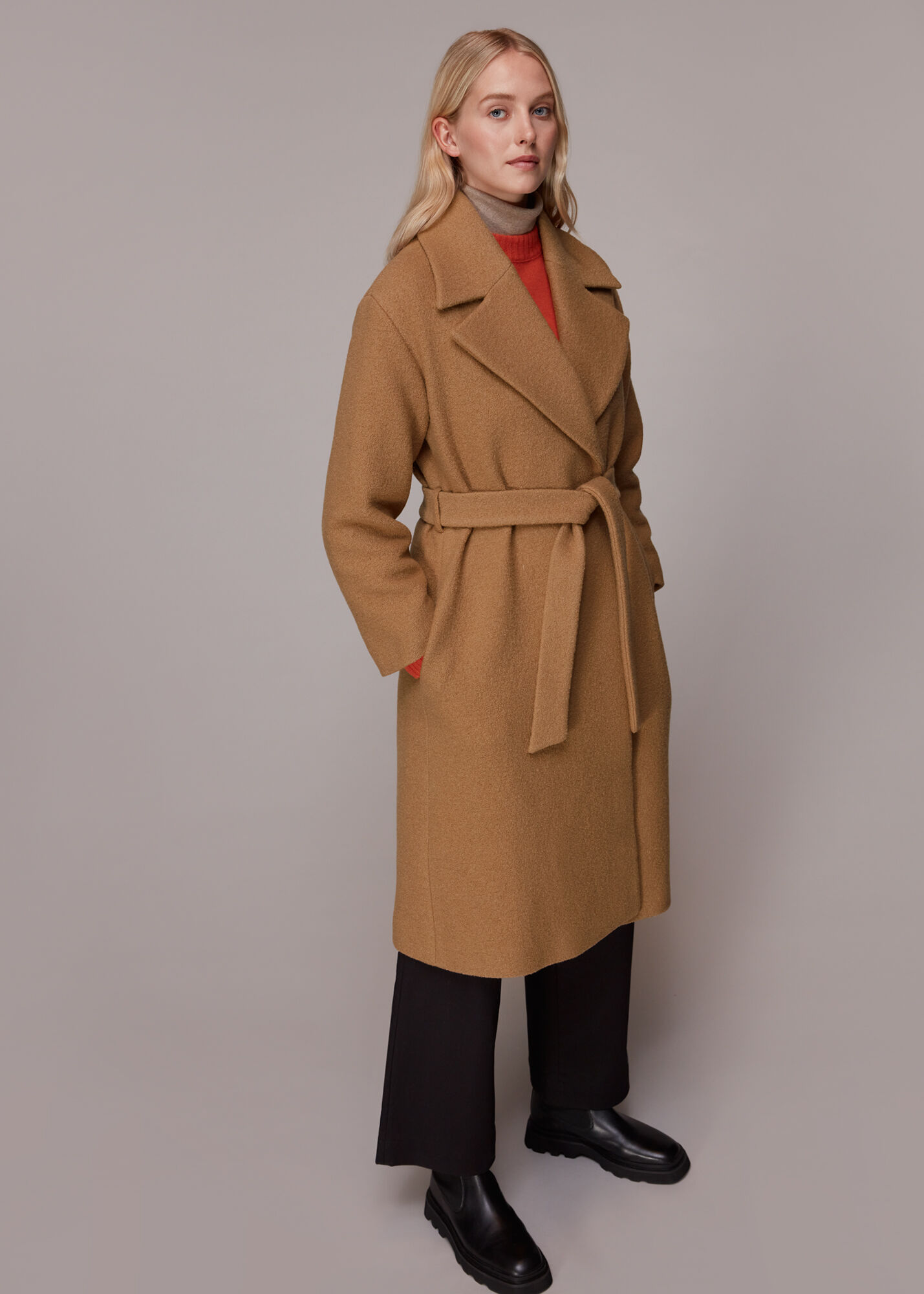 Camel Wool Belted Wrap Coat with Tie Waist Whistles