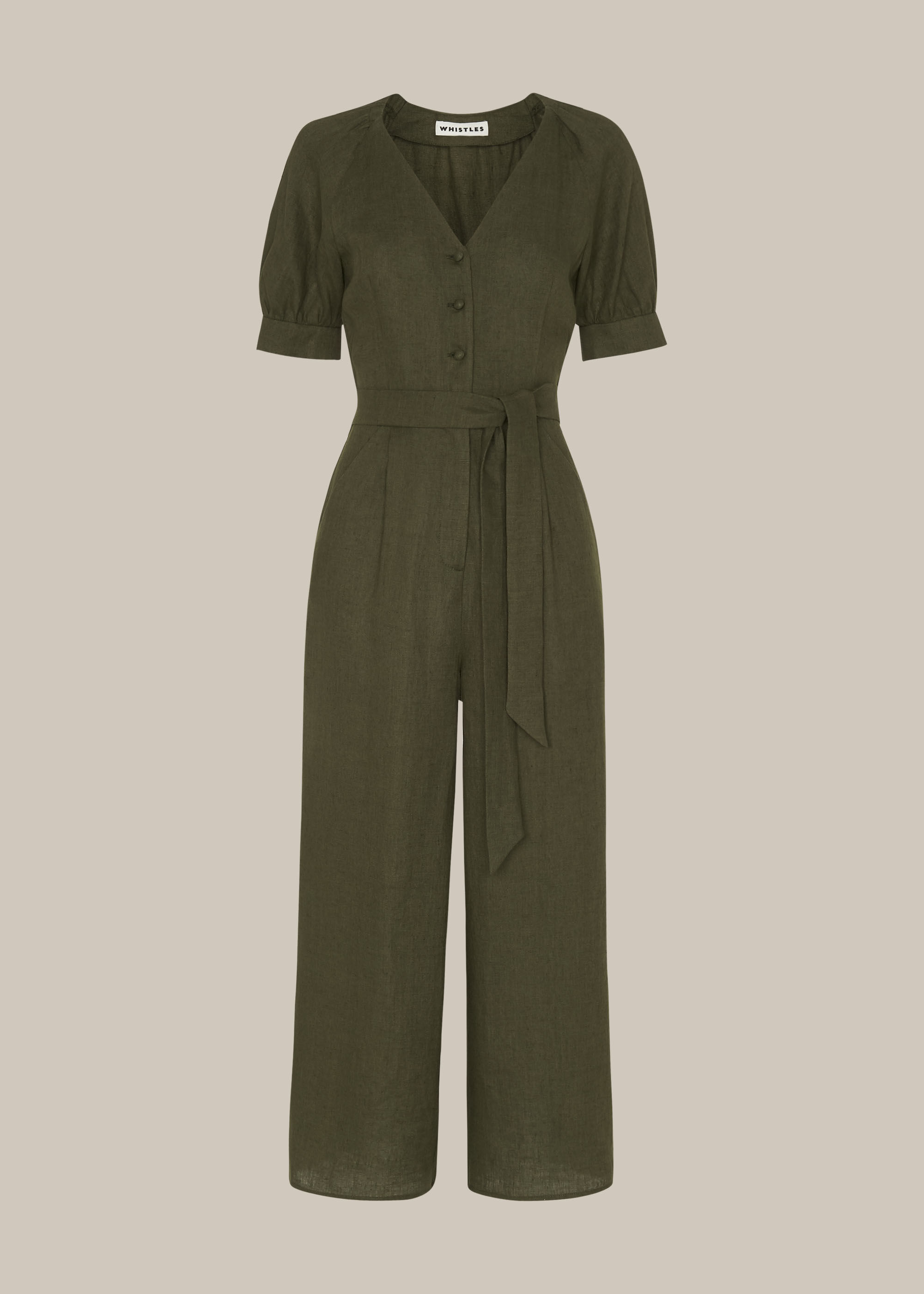 Linen khaki jumpsuit on sale