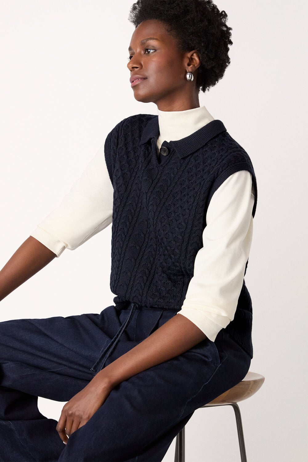 Navy Wool Cable Detail Knit Tank