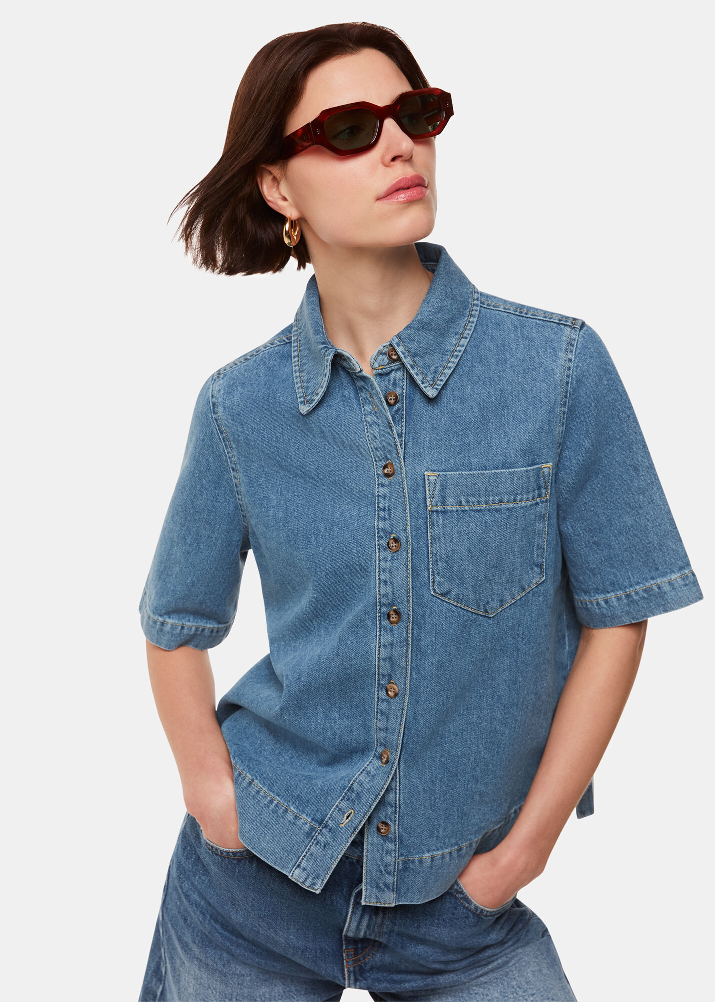 【JEMUT】25SS★ Flint Denim Short Sleeve Shirt Denim Short Sleeve Shirt | blue | Calvin Klein Hong Kong